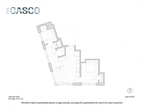 Floor plan for 1 bed, 1 bath, 619 sqft